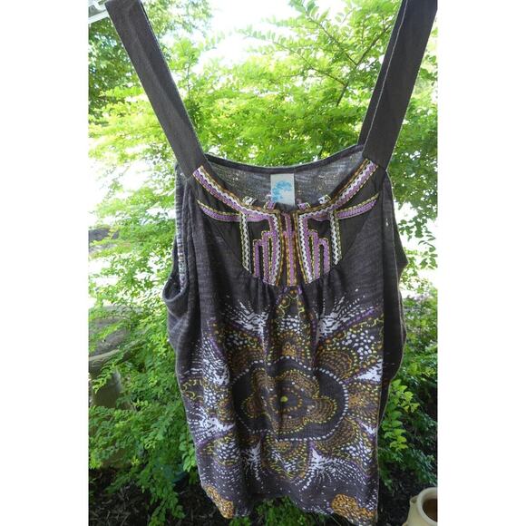 Bohemian Y2K Embroidered Tank Top XL Summer Flower Wide Cotton Straps Rick Rack - Picture 1 of 7